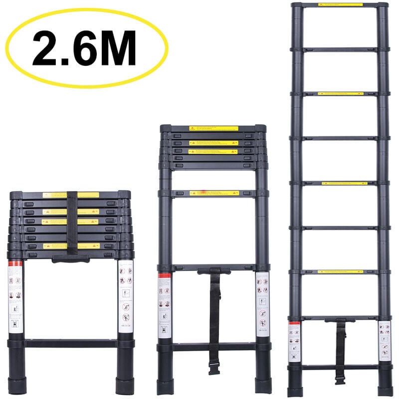 Jn.songs - chelle Télescopique 2.6M, Extensible Ladder Aluminium Échelle Multi-Fonction, Charge Max 150KG, Tout noir