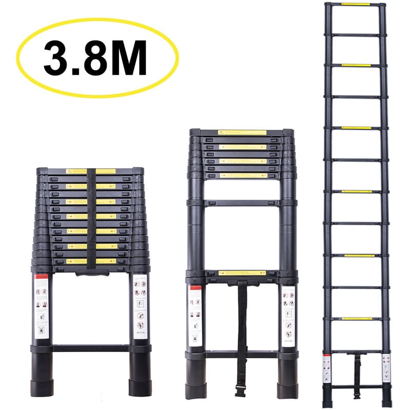 Chelle Télescopique 3.8M, Extensible Ladder Aluminium Échelle Multi-Fonction, Charge Max 150KG, Tout noir