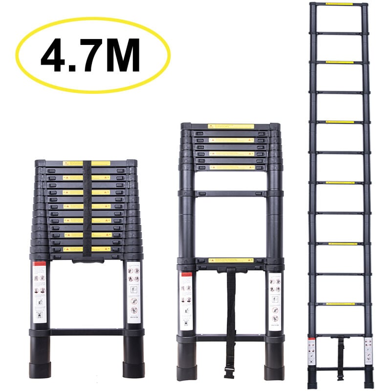 Chelle Télescopique 4.7M, Extensible Ladder Aluminium Échelle Multi-Fonction, Charge Max 150KG, Tout noir