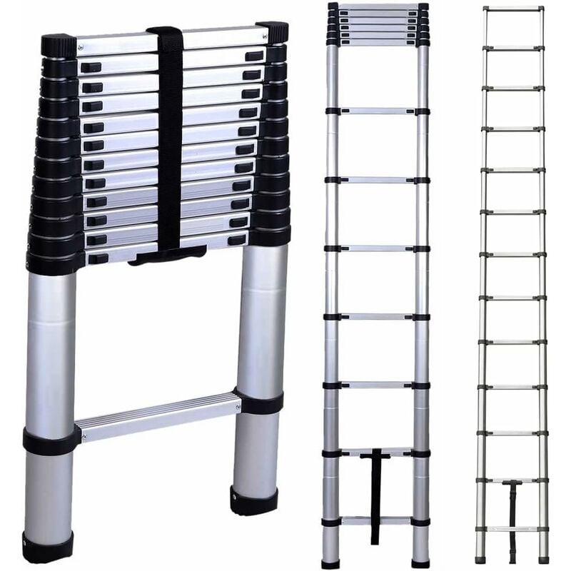 Échelle télescopique de 3,8 m en acier inoxydable de haute qualité, 13 marches, échelle à coulisse, échelle pliante antidérapante, escabeau, échelle