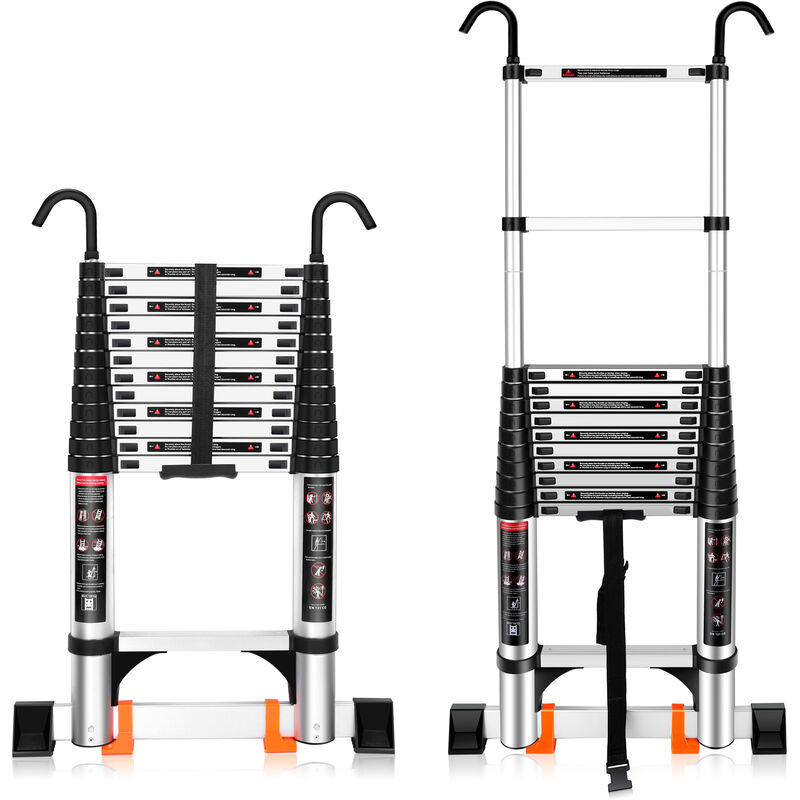 Échelle Télescopique Multifonctions Escabeau Escamotable Échelle de Toit avec Crochet Support Mural en Aluminium - 3,8M