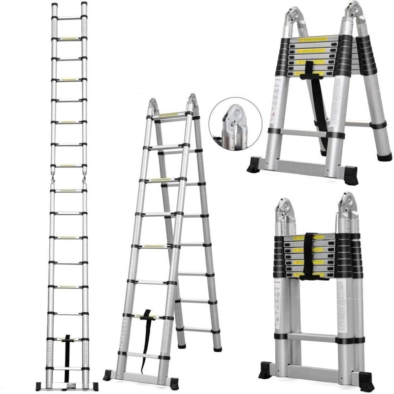 5,0M Échelle TéLescopique Marchepieds Escamotables avec Stabilisateur Ladder Pliable et Déployable Charge Maximale : 150KG (2,5M+2,5M)