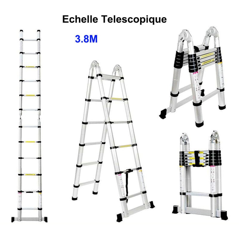 Chelle Télescopique Portable et Pliante Échelle Escamotable En Aluminium ,Charge 150 kg - 3,8M (1,9M + 1,9M)