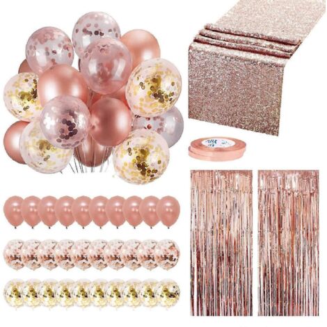 Chemin de table à paillettes, rideau métallisé, ruban, ballons or rose, kit de décoration de fête