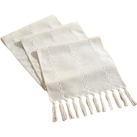 Chemin de table à pompons style bohème - Style maison de campagne - Lavable - Décoration de table pour fête, anniversaire, Saint-Valentin, mariage - Beige 33 x 183 cm