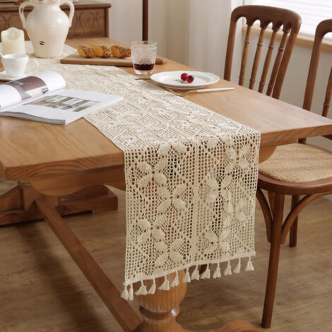 Chemin de table au crochet, nappe bohème en dentelle avec pompons - 30 x 220 cm
