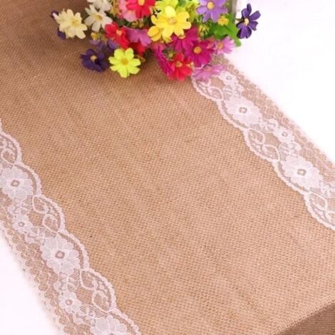 Chemin de table avec dentelle brodé extérieur et Toile De Jute - Couleur:Bois-Kra