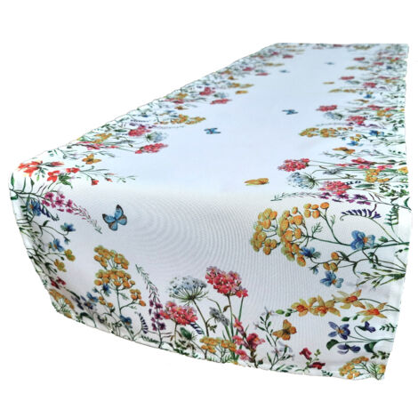 Chemin de table blanc à fleurs colorées, bande décorative 40 x 140 cm, napperon de commode