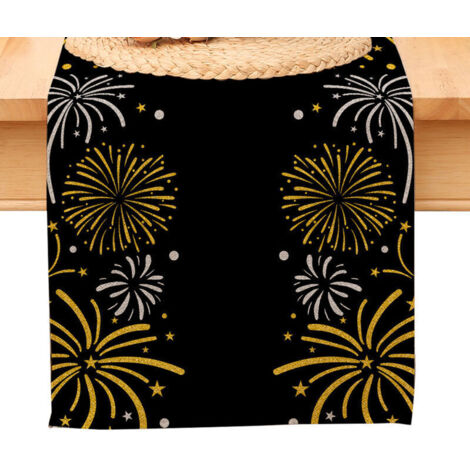 Chemin de table « Bonne année », nappe noire et or à pois et étoiles, décoration pour la maison et la cuisine, ambiance champêtre, linge de table en toile de jute pour les fêtes d'hiver 2026