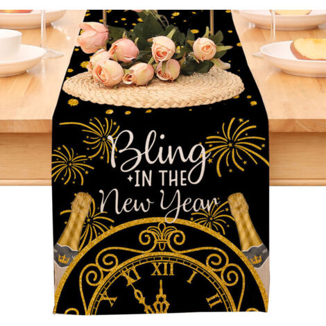 Chemin de table « Bonne année », nappe noire et or à pois et étoiles, décoration pour la maison et la cuisine, ambiance champêtre, linge de table en toile de jute pour les fêtes d'hiver 2026