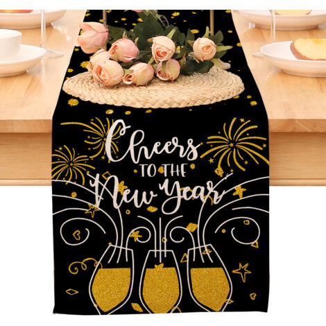 Chemin de table « Bonne année », nappe noire et or à pois et étoiles, décoration pour la maison et la cuisine, ambiance champêtre, linge de table en toile de jute pour les fêtes d'hiver 2026