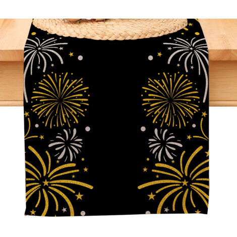 Chemin de table « Bonne année », nappe noire et or à pois et étoiles, décoration pour la maison et la cuisine, ambiance champêtre, linge de table en toile de jute pour les fêtes d'hiver 2026