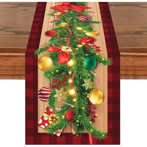 Chemin de Table de Noël, 33 x 180 cm, Motif Baies Rouges et Rouges, Noir, Chemin de Table 3D réaliste pour Les Vacances d'hiver de Cuisine