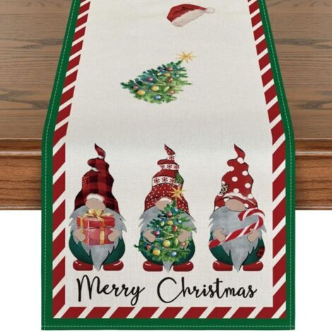 Chemin de table de Noël 33 x 183 cm, gnomes, sapin de Noël, décoration hivernale pour la cuisine et la salle à manger, intérieur et extérieur