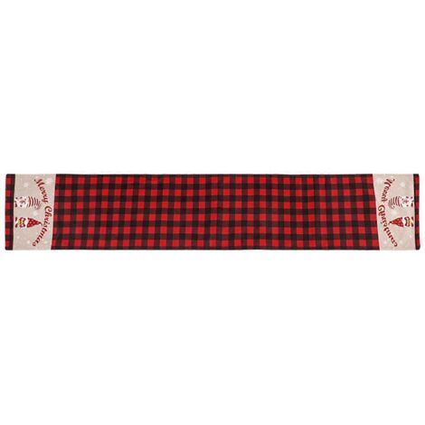 Chemin de table de Noël avec gnome, nappe à carreaux rouges et noirs, ornement en lin