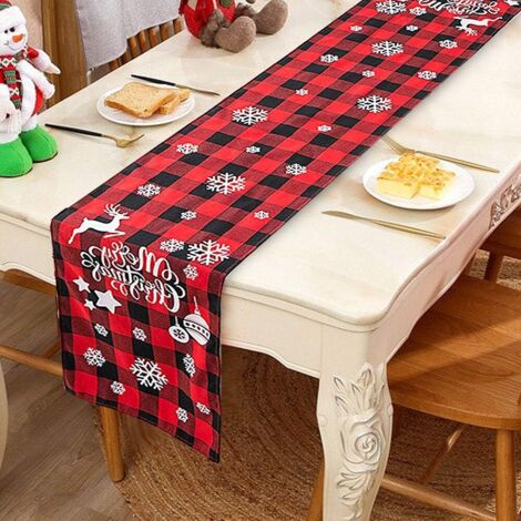 Chemin de table de Noël, Chemin de table de Noël lavable en lin, motif neige