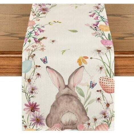 Chemin de table de Pâques - Motif fleur de lapin - Lavable - Moderne - Printemps - Cuisine - Décoration pour l'intérieur et l'extérieur - 33x 183 cm