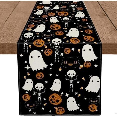 Chemin de Table d'halloween, Chemin de table en tissu de lin, Décoration d'halloween pour Table à Manger, Cuisine - 33X183cm