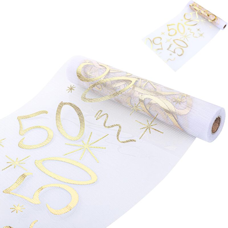 Chemin de table doré 28x1000 cm, thème 50 ans – décoration fleurs, anniversaire, banquet