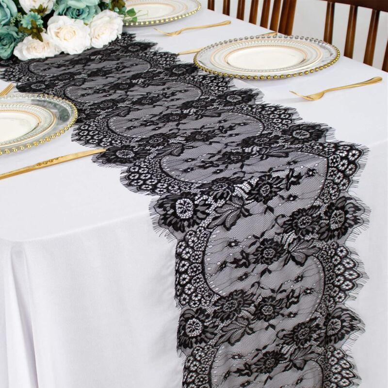 Chemin de Table en Dentelle Noire - 34 x 300 cm - Petit Chemin de Table en Lin - Style Rustique bohème