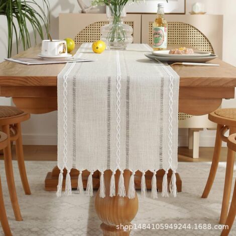 Chemin de table en lin rustique avec pompon fait à la main, style ferme, 183 cm de long, pour décoration de fête et de salle à manger, 33 x 183 cm (marron)