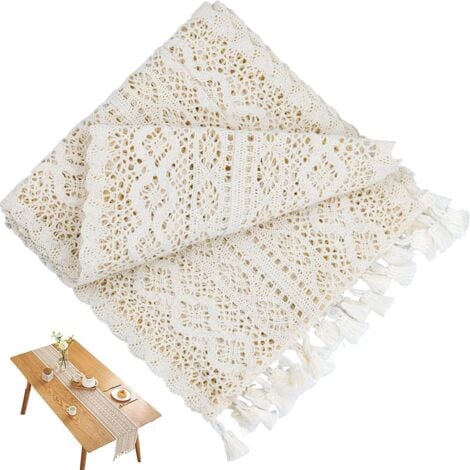 Chemin de Table en Macramé Beige, 24 x 180 cm Chemin de Table en Dentelle Vintage avec Glands, pour Mariage Bohème, Décoration de Table à Manger à la Maison, la Décoration de la Salle a Manger,Ou de l