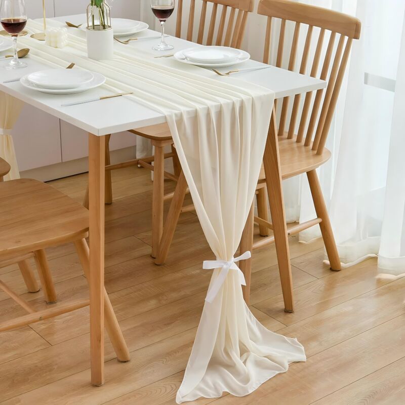 Chemin de table en mousseline - Beige - 75 x 300 cm - Décoration de table de cuisine en intérieur - Vacances - Mariage - Fête d'anniversaire
