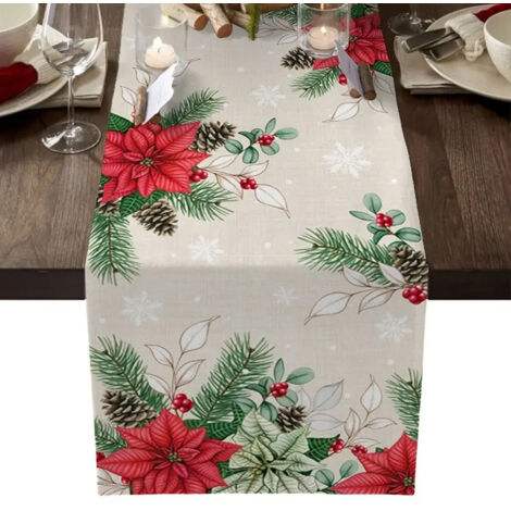 Chemin de table fleuri rouge, motif branches et pommes de pin d'hiver - 183 cm x 33 cm
