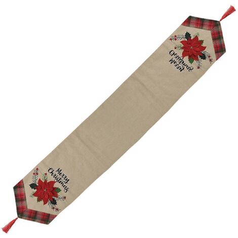 Chemin de table Joyeux Noël, nappe à fleurs rouges, ornement en lin