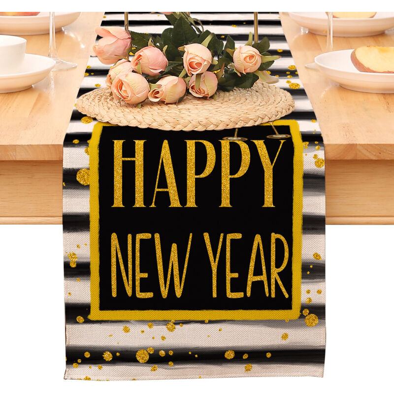 Chemin de table "Joyeux réveillon du Nouvel An", décoration de cuisine à pois et étoiles, écharpe en toile de jute noire et dorée