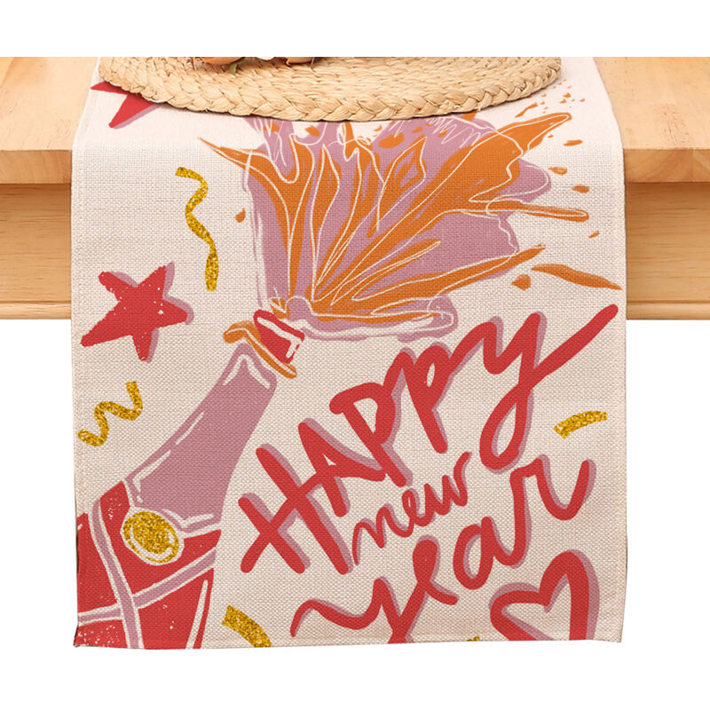 Chemin de table "Joyeux Réveillon du Nouvel An", écharpe en toile de jute noire et dorée, pour salle à manger et décoration 2025