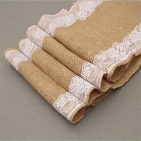 Chemin de table - Lot de 3 - Toile de jute et dentelle - 30 x 275 cm - Marron et rose - Style Campagne