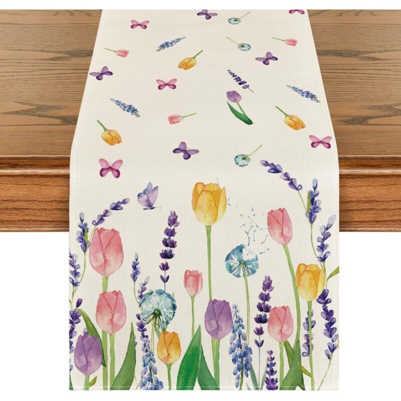 Chemin de table - Motif tulipe, lavande, été - Décoration saisonnière de table de cuisine, intérieur, vacances, fête - 33x 183 cm
