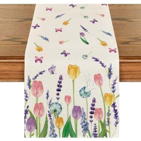 Chemin de table - Motif tulipe, lavande, été - Décoration saisonnière de table de cuisine, intérieur, vacances, fête - 33x 183 cm