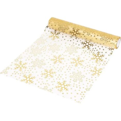 Chemin de table - Noël - Organza pailleté - Flocons de neige dorés - 15m x 28cm