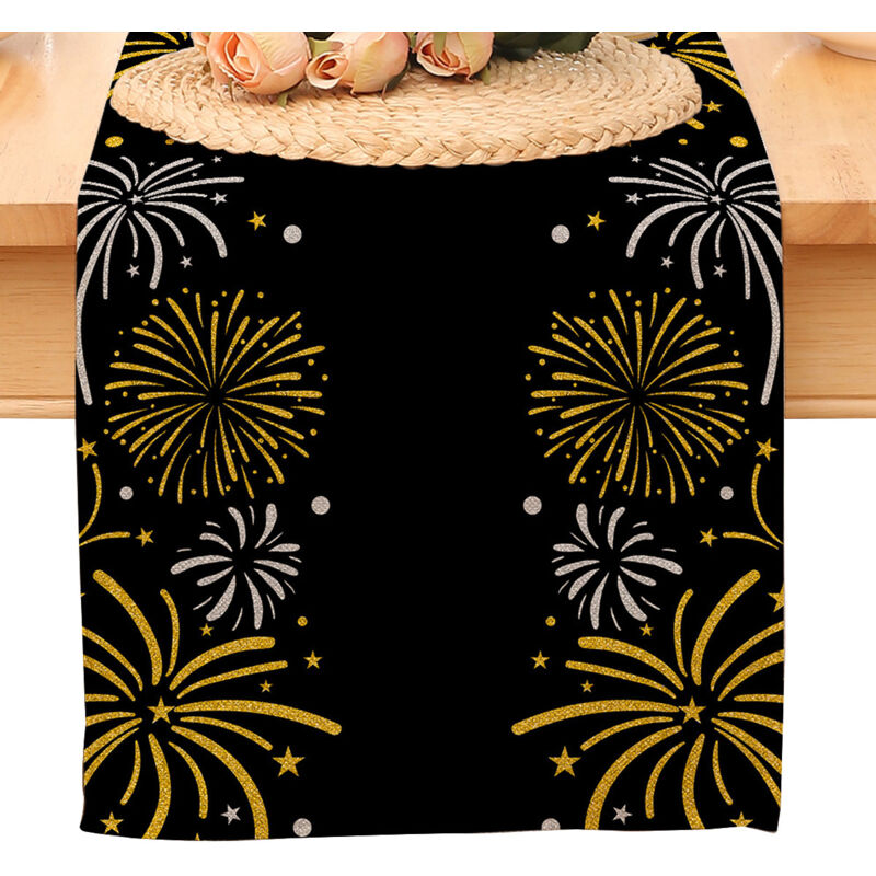 Chemin de table noir et or « Bonne année 2025 » – Décoration de table pour cuisine, salle à manger et fêtes de Noël.