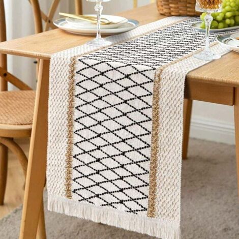 Chemin de table rustique en macramé avec pompons, tissé à la main, en coton et toile de jute, pour table de cuisine, de salle à manger