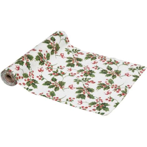 Chemin de table Tissu Beige et Houx vert et rouge 28 x 300 cm - Feeric Christmas