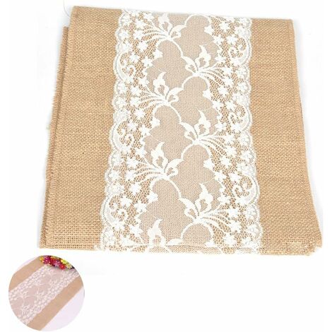 Chemin de Table Toile de en Jute Dentelle, Chemin de Table en Jute Vintage avec Dentelle, Dentelle Chemin de Table en Toile de Jute,30275cm