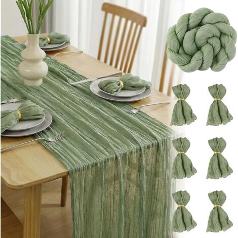 Chemin de Table Vert Sauge 400 x 90cm Chemin de Table en Gaze Boho Chemin de Table Tissu Table Runner Deco Table de Cuisine Vacances Mariage Fête,6 Serviettes de Table avec Anneaux