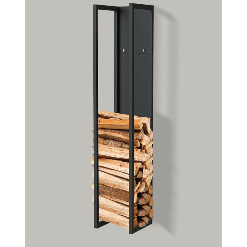 Tagère à bois Intérieur Métal Noir Support de bois de cheminée 120 cm avec paroi arrière Suspendu au mur 96465 Panier à bois Support de bois de