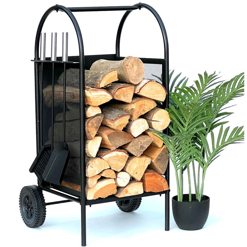 Tagère à bois de chauffage Dandibo en métal noir pour l'intérieur, support à bois de chauffage de 80 cm avec accessoires de cheminée et roues, modèle