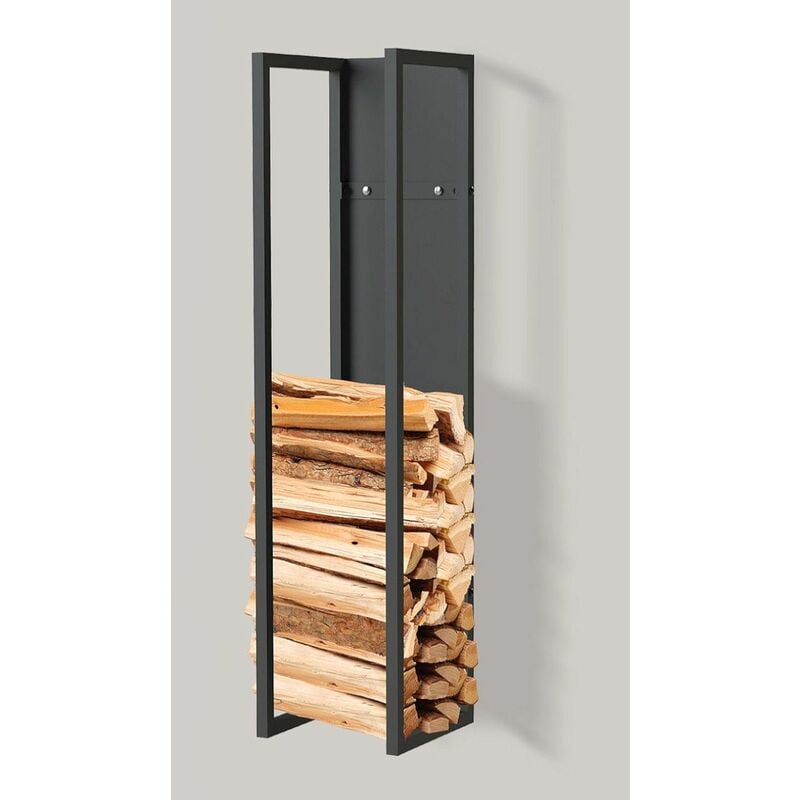 Tagère à bois Intérieur Métal Noir Support de bois de cheminée 100 cm avec paroi arrière Suspendu au mur 96357 Panier à bois Support de bois de