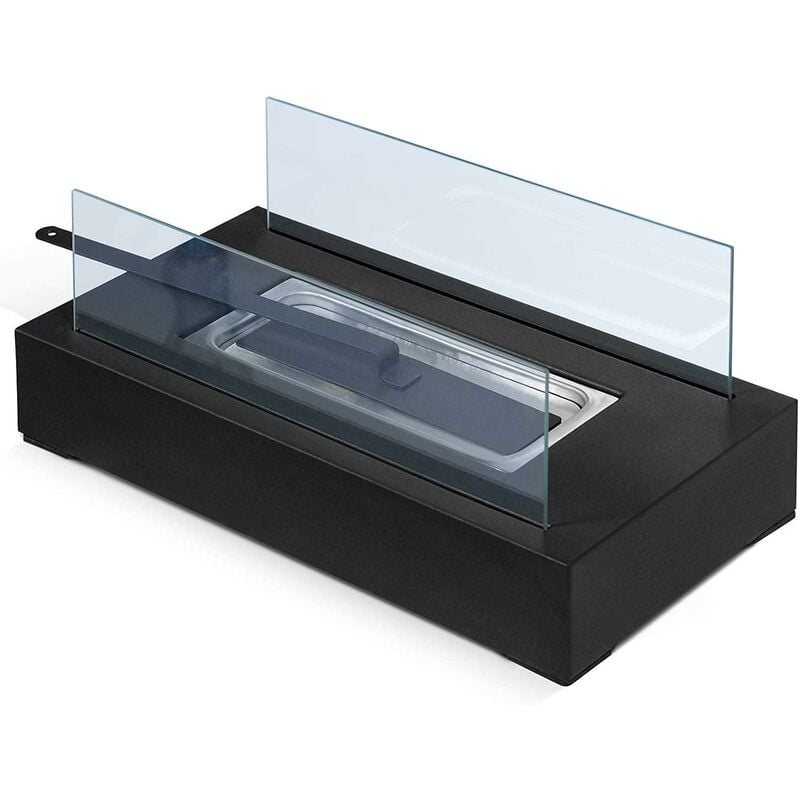 Cheminée éthanol de table portable rectangulaire 2 panneaux en verre pour intérieur extérieur poêle bioéthanol à poser au sol mobile 35 cm en acier