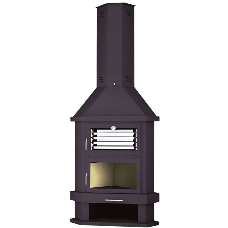 FM - Cheminee a bois de coin en acier avec four superieur, bucher inferieur - couleur noir - Made in Spain