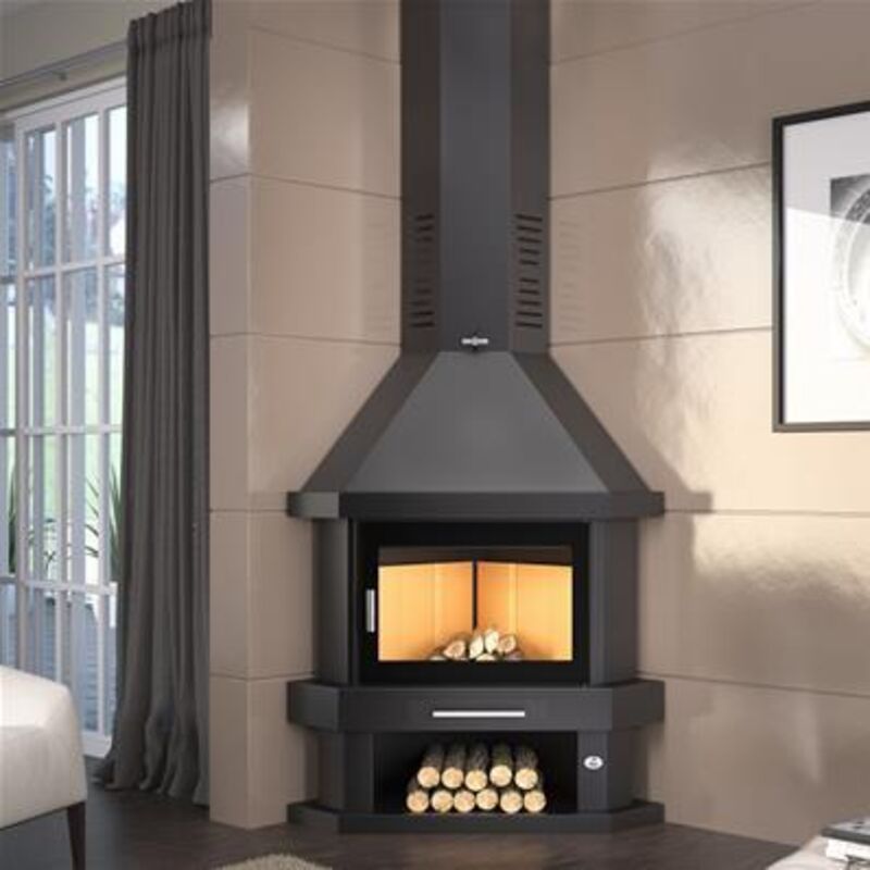 FM - Poêle à bois cheminée d'angle - firematic Windsor 13.8 kW Porte fonte - avec vitre sérigraphiée