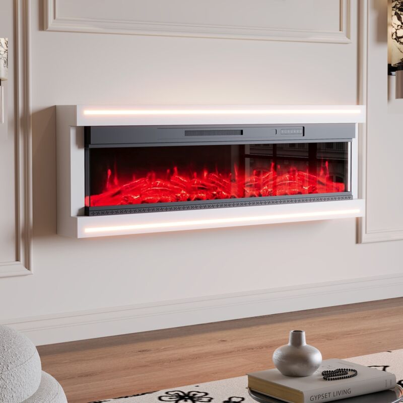 Cheminée bioéthanol 161 cm, avec flammes réalistes 12 couleurs, chauffage 750W et 1500W, éclairage LED, cheminée électrique murale haute brillance