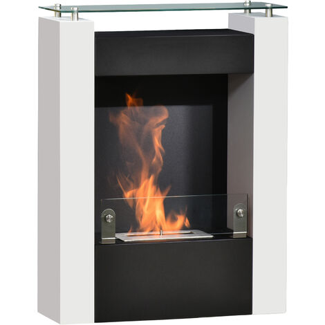 Cheminée bioéthanol design contemporain - étagère, pare-feu verre trempé 6 mm - brûleur 1,5 L - contrôle de flamme et manche inclus - acier noir blanc - Blanc