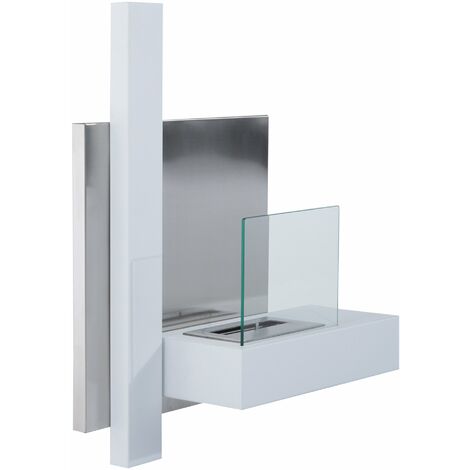 Cheminée bioéthanol murale design Bauhaus 1 brûleur 1,5 L 75L x 22l x 63H cm couverture 20-25 m² acier blanc inox. brossé - Blanc