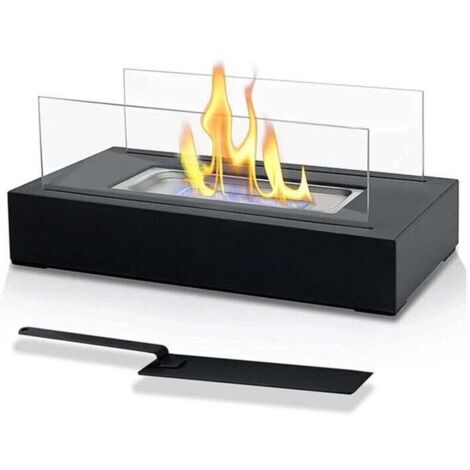 Cheminée bioéthanol.Cheminée Éthanol de Table - Portable.Réctangulaire. Noir. en Acier Inoxydable. 2 Panneaux en Verre. pour Intérieur/Extérieur - Poêle Bioéthanol. à Poser au Sol. Mobile